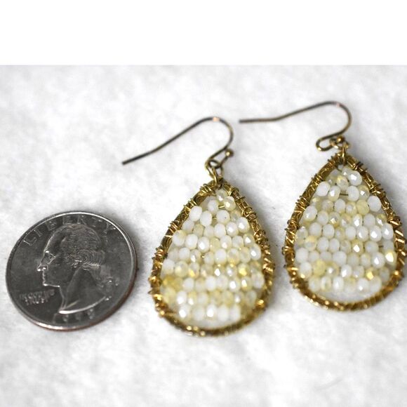 Crystal Beaded Gold Tone Wire Wrap Teardrop Fish HookDangle Drop Earrings - Picture 3 of 3